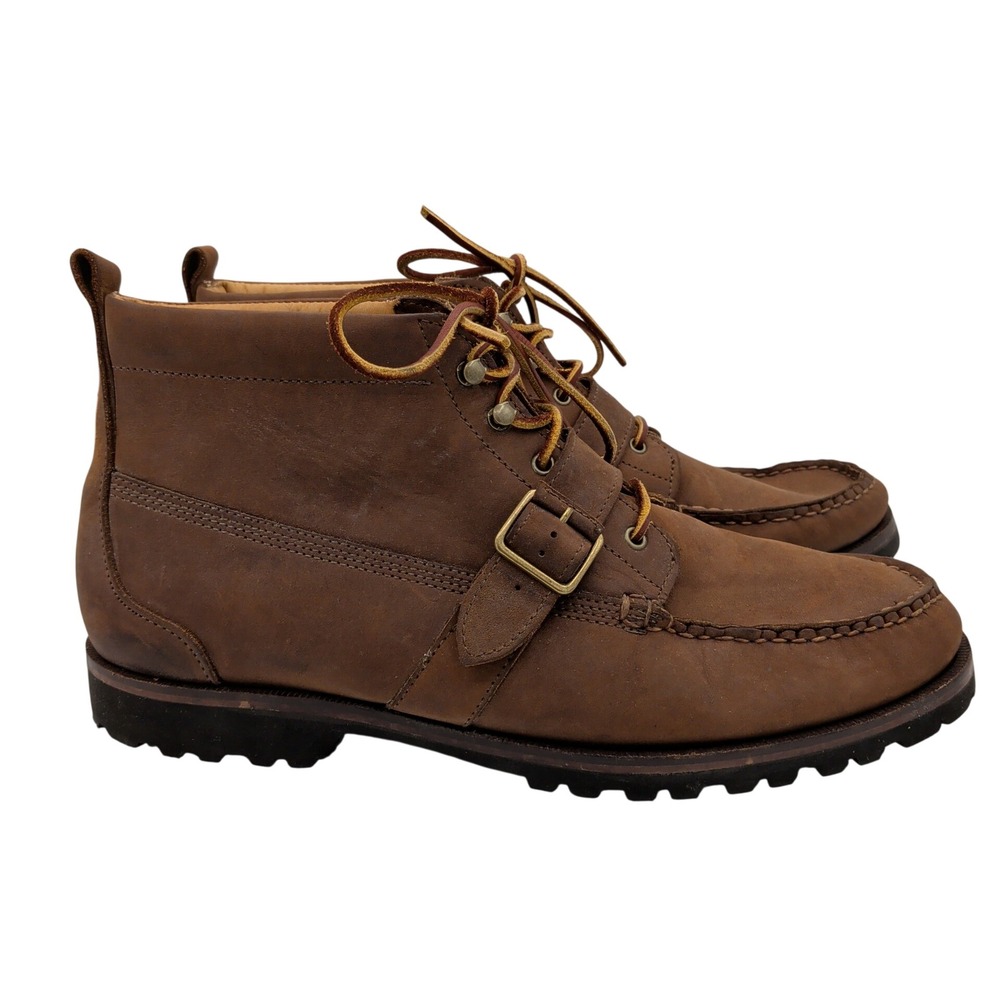 Ralph Lauren Mens Ranger Buckle Moc Toe Boots Brown Leather Vibram USA 13